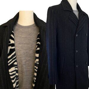 Marc Ecko Double Breasted Chalk Striped‎ Wool Overcoat 40L Heavy Fleece-Lining